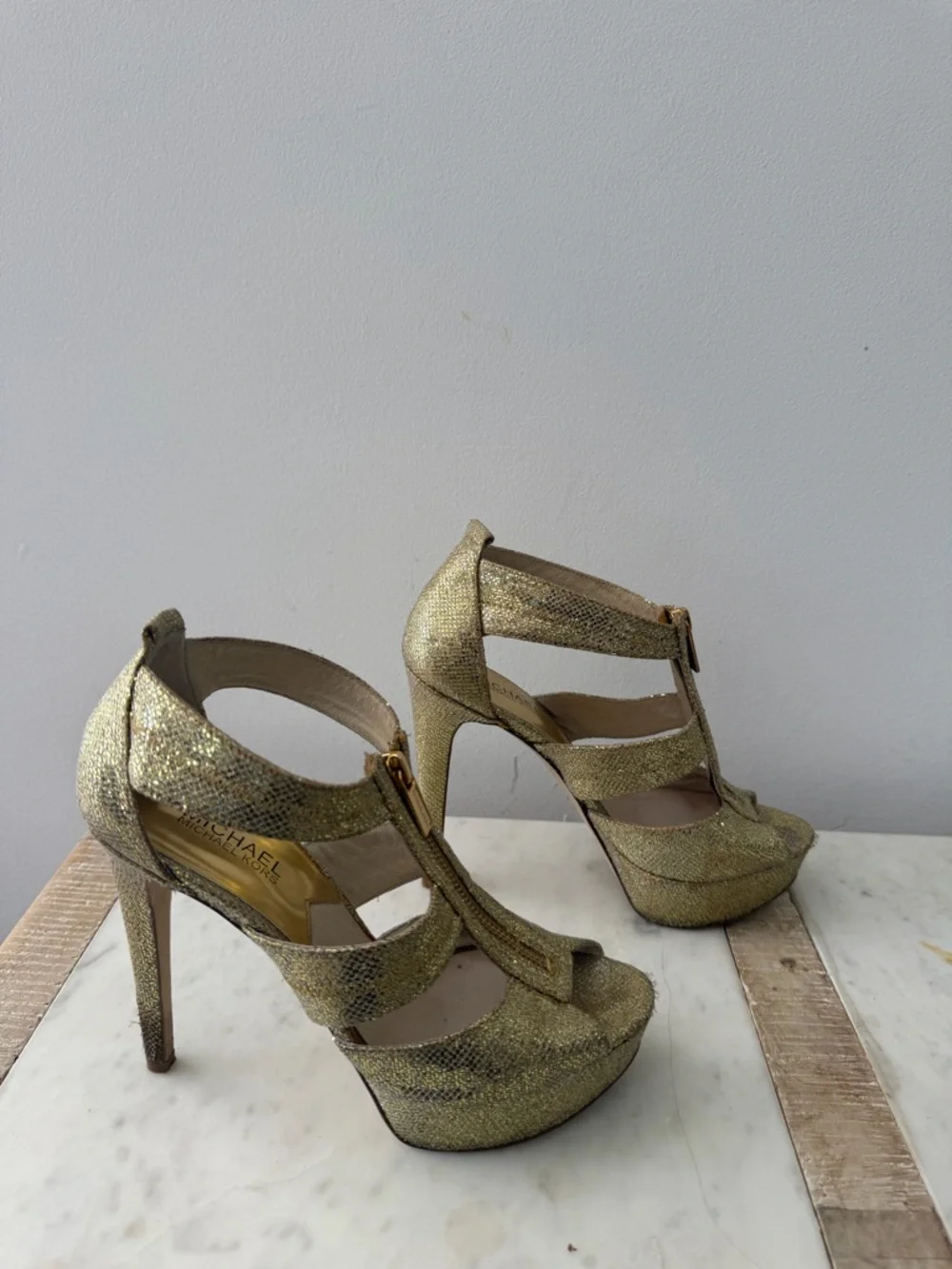 Michael Kors Gold Glitter Platform Sandals with Front Zips